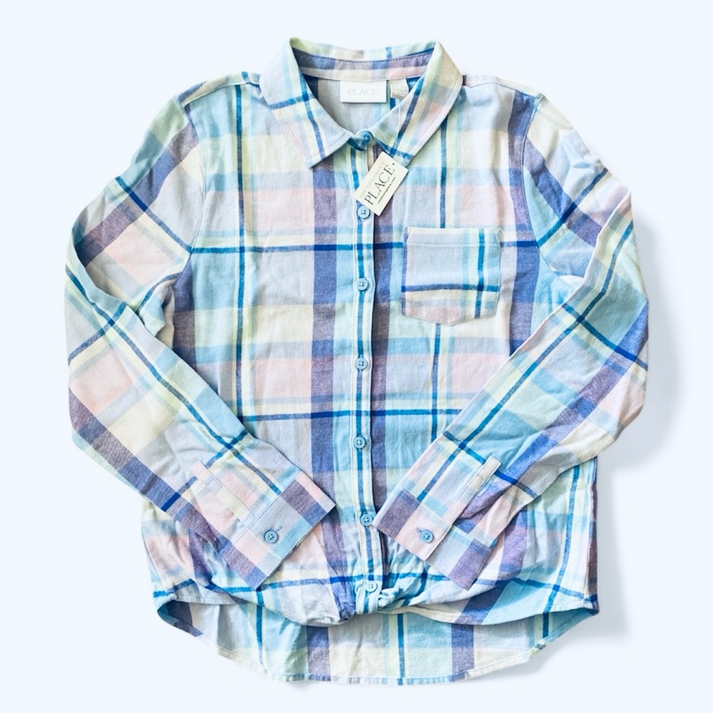 NWT Children's Place Pastel Long Sleeve Plaid Button Up Youth Size XXL (16)